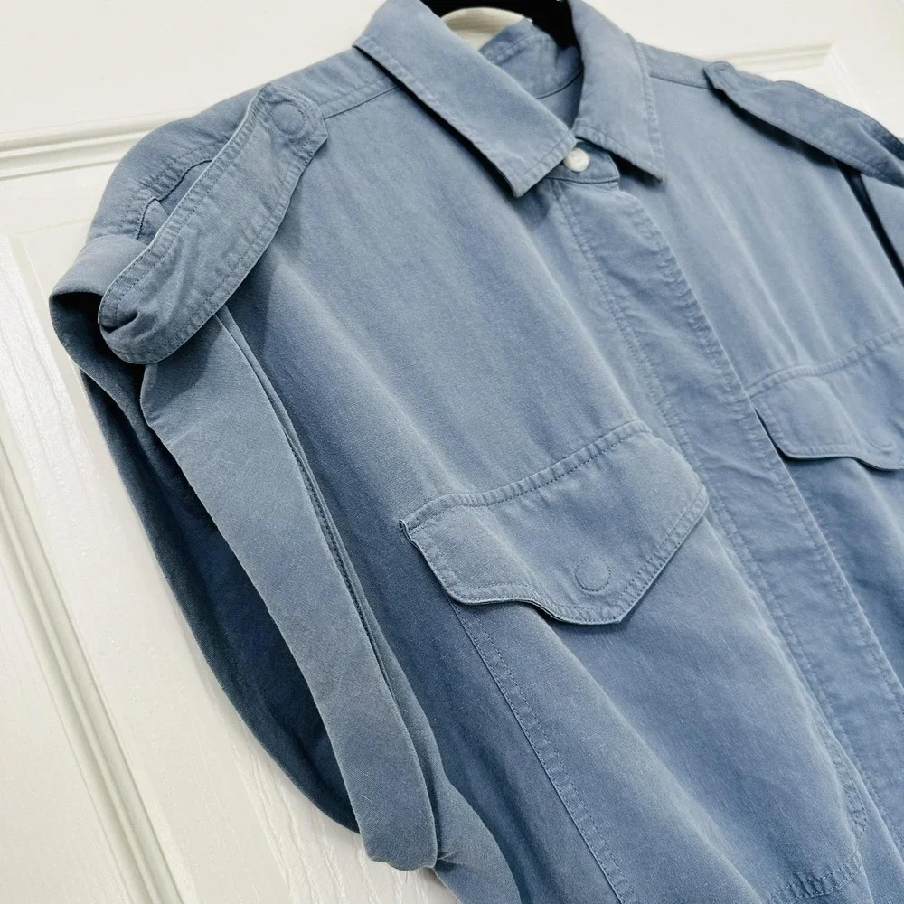 Rag & Bone Womens M Blue Lyocell Linen Utility Jumpsuit Wide Leg Belted Collared